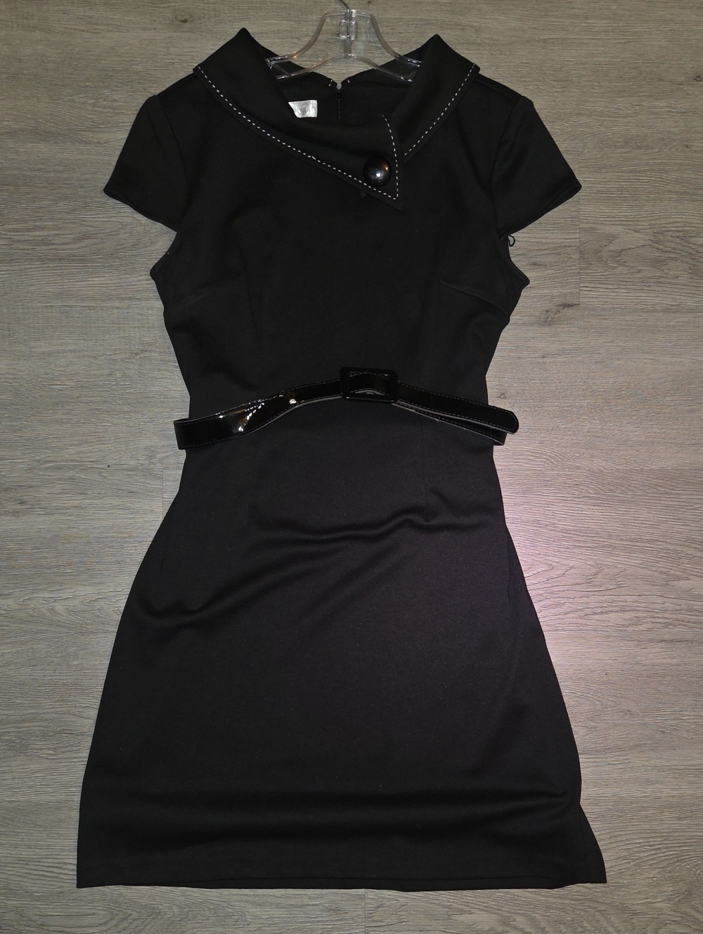 dressbarn Black Short-Sleeve Mini Dress with Patent Belt